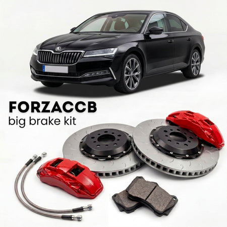 Black Skoda Superb IV 3Y (2023+) shown above a ForzaCCB iron rotor big brake kit with 2x red 6-piston front calipers, 2x two-piece floating ventilated brake discs 380 mm, set of brake pads, and brake lines.