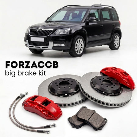 Black Skoda Yeti 5L (2013-2018) shown above a ForzaCCB iron rotor big brake kit with 2x red 6-piston front calipers, 2x two-piece floating ventilated brake discs 380 mm, set of brake pads, and brake lines.