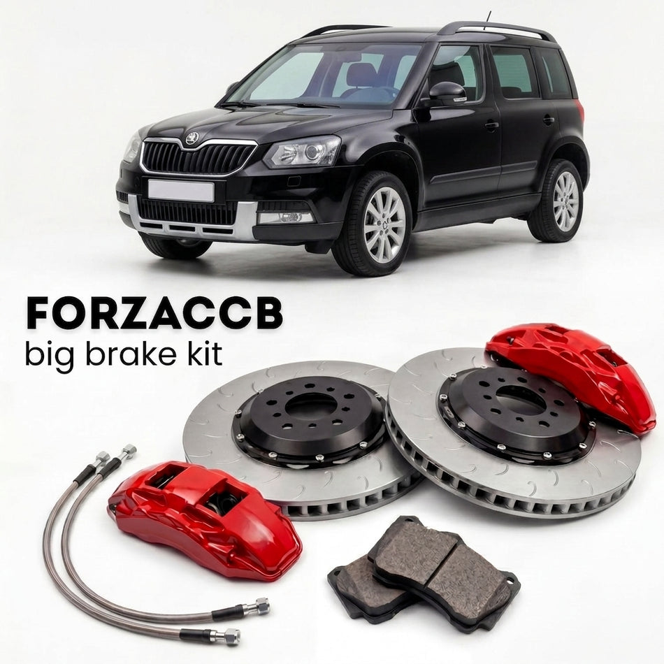Black Skoda Yeti 5L (2013-2018) shown above a ForzaCCB iron rotor big brake kit with 2x red 6-piston front calipers, 2x two-piece floating ventilated brake discs 380 mm, set of brake pads, and brake lines.