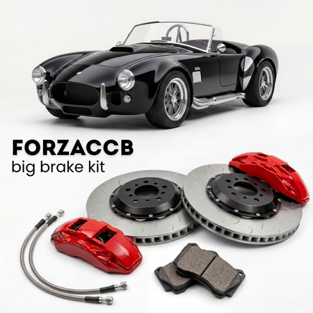 Black Superformance MKIII (1993-2026) shown above a ForzaCCB iron rotor big brake kit with 2x red 6-piston front calipers, 2x two-piece floating ventilated brake discs 380 mm, set of brake pads, and brake lines.