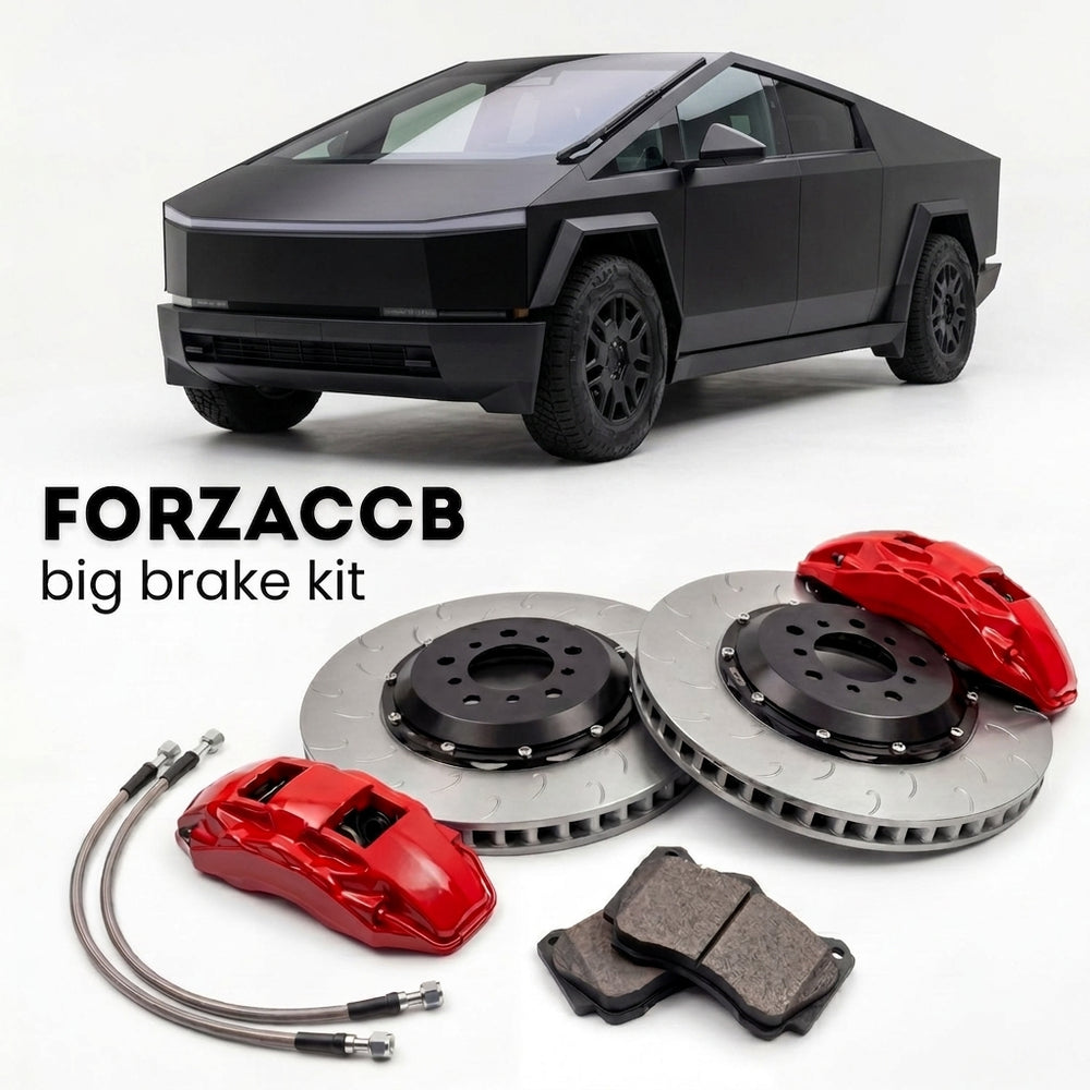 Black Tesla Cybertruck (2024+) shown above a ForzaCCB iron rotor big brake kit with 2x red 6-piston front calipers, 2x two-piece floating ventilated brake discs 380 mm, set of brake pads, and brake lines.