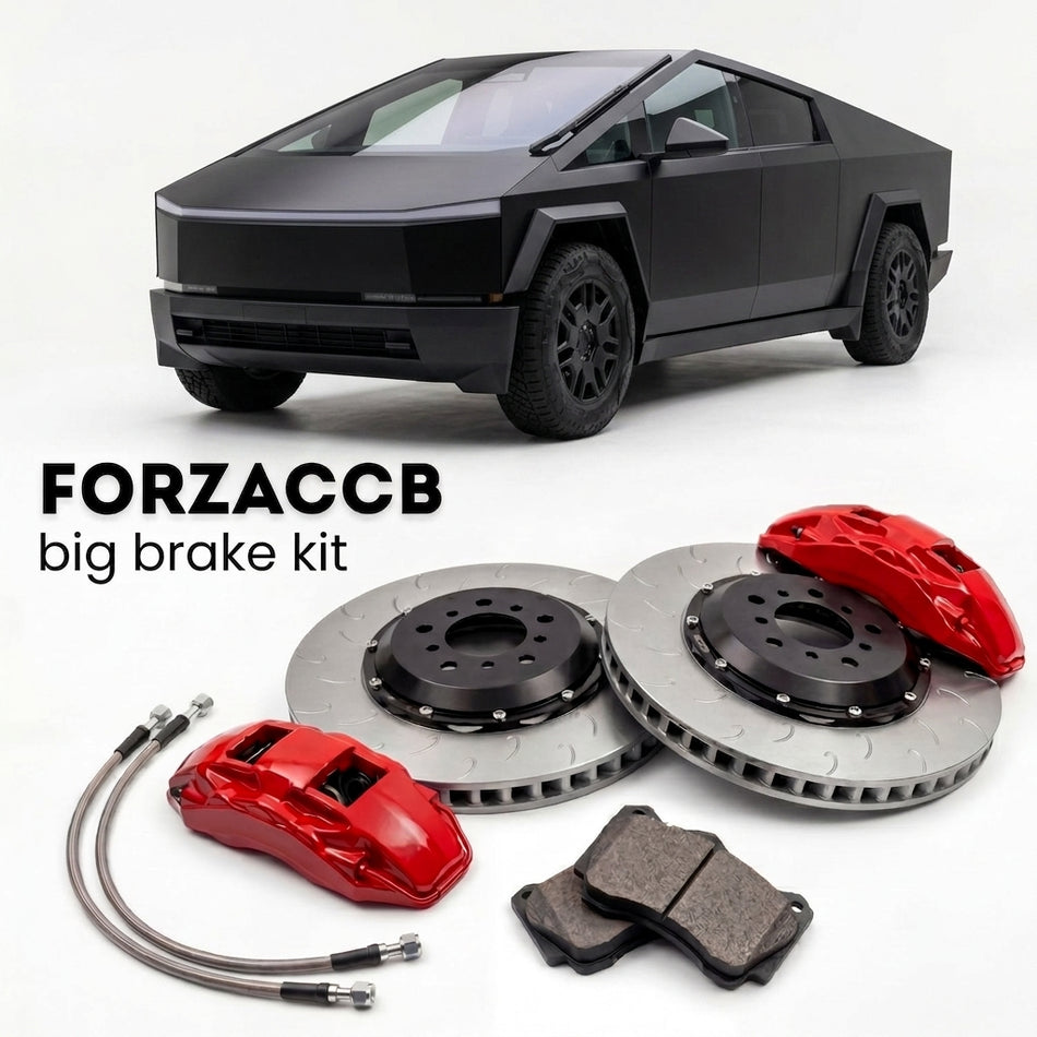 Black Tesla Cybertruck (2024+) shown above a ForzaCCB iron rotor big brake kit with 2x red 6-piston front calipers, 2x two-piece floating ventilated brake discs 380 mm, set of brake pads, and brake lines.