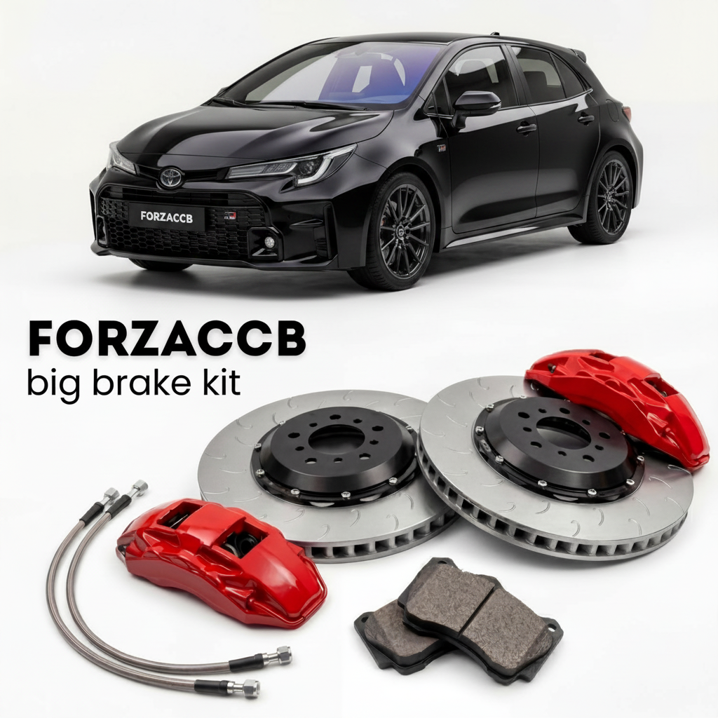 Black Toyota GR Corolla E210 (2023+) shown above a ForzaCCB iron rotor big brake kit with 2x red 6-piston front calipers, 2x two-piece floating ventilated brake discs 380 mm, set of brake pads, and brake lines.