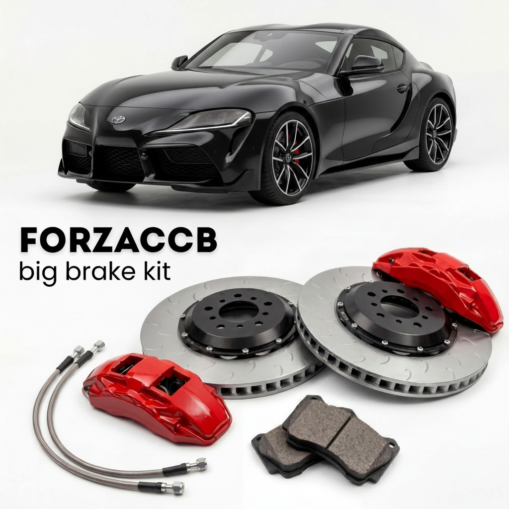Black Toyota GR Supra A90 (2019+) shown above a ForzaCCB iron rotor big brake kit with 2x red 6-piston front calipers, 2x two-piece floating ventilated brake discs 380 mm, set of brake pads, and brake lines.