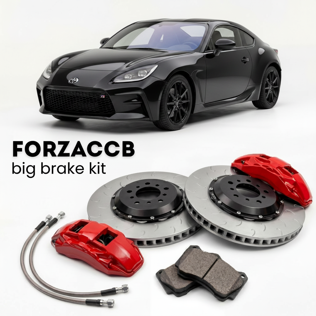 Black Toyota GR86 ZN8 (2022+) shown above a ForzaCCB iron rotor big brake kit with 2x red 6-piston front calipers, 2x two-piece floating ventilated brake discs 380 mm, set of brake pads, and brake lines.