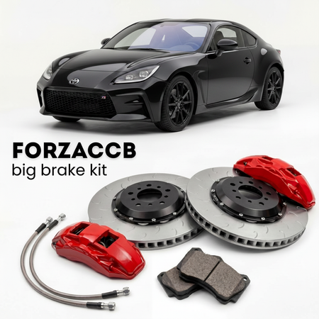 Black Toyota GR86 ZN8 (2022+) shown above a ForzaCCB iron rotor big brake kit with 2x red 6-piston front calipers, 2x two-piece floating ventilated brake discs 380 mm, set of brake pads, and brake lines.