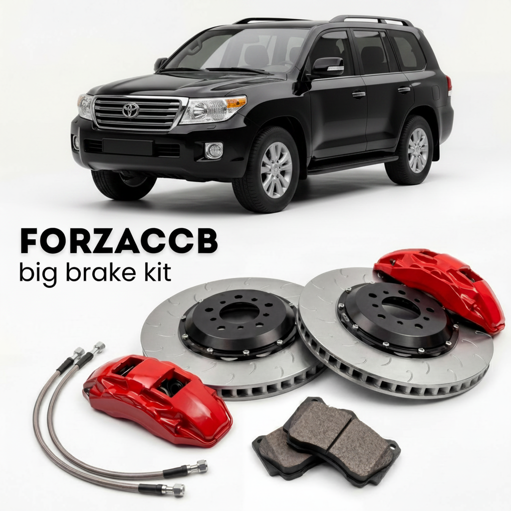Black Toyota Land Cruiser 200 J200 (2007-2021) shown above a ForzaCCB iron rotor big brake kit with 2x red 6-piston front calipers, 2x two-piece floating ventilated brake discs 380 mm, set of brake pads, and brake lines.