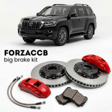 Black Toyota Land Cruiser 250 J250 (2024+) shown above a ForzaCCB iron rotor big brake kit with 2x red 6-piston front calipers, 2x two-piece floating ventilated brake discs 380 mm, set of brake pads, and brake lines.