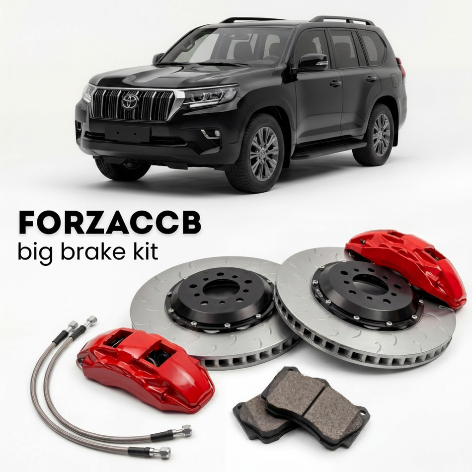 Black Toyota Land Cruiser 250 J250 (2024+) shown above a ForzaCCB iron rotor big brake kit with 2x red 6-piston front calipers, 2x two-piece floating ventilated brake discs 380 mm, set of brake pads, and brake lines.