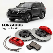 Black Toyota Land Cruiser 300 J300 (2021+) shown above a ForzaCCB iron rotor big brake kit with 2x red 6-piston front calipers, 2x two-piece floating ventilated brake discs 380 mm, set of brake pads, and brake lines.