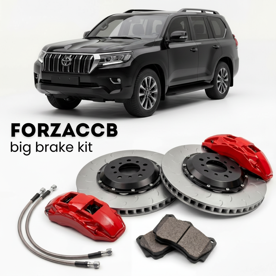 Black Toyota Land Cruiser 300 J300 (2021+) shown above a ForzaCCB iron rotor big brake kit with 2x red 6-piston front calipers, 2x two-piece floating ventilated brake discs 380 mm, set of brake pads, and brake lines.
