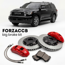 Black Toyota Sequoia XK70 (2023+) shown above a ForzaCCB iron rotor big brake kit with 2x red 6-piston front calipers, 2x two-piece floating ventilated brake discs 380 mm, set of brake pads, and brake lines.