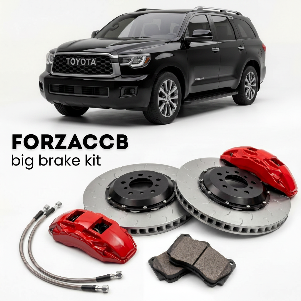 Black Toyota Sequoia XK70 (2023+) shown above a ForzaCCB iron rotor big brake kit with 2x red 6-piston front calipers, 2x two-piece floating ventilated brake discs 380 mm, set of brake pads, and brake lines.