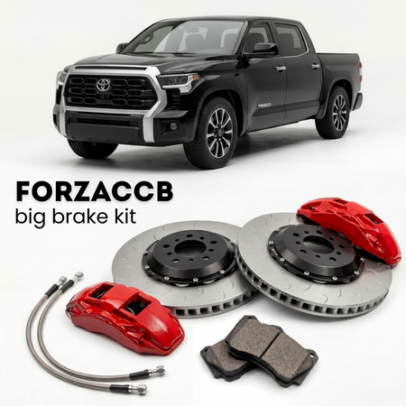 Black Toyota Tundra XK70 (2022+) shown above a ForzaCCB iron rotor big brake kit with 2x red 6-piston front calipers, 2x two-piece floating ventilated brake discs 380 mm, set of brake pads, and brake lines.