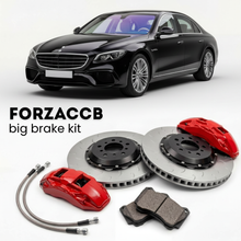Black Ultima RS (2021-2026) shown above a ForzaCCB iron rotor big brake kit with 2x red 6-piston front calipers, 2x two-piece floating ventilated brake discs 380 mm, set of brake pads, and brake lines.
