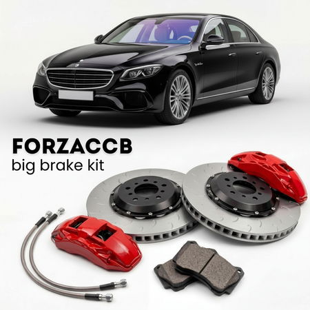 Black Ultima RS (2021-2026) shown above a ForzaCCB iron rotor big brake kit with 2x red 6-piston front calipers, 2x two-piece floating ventilated brake discs 380 mm, set of brake pads, and brake lines.