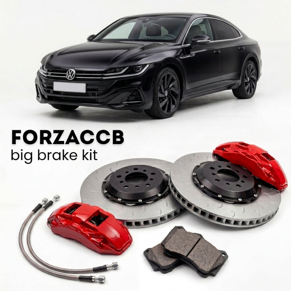 Black Volkswagen Arteon facelift 3H (2020-2023) shown above a ForzaCCB iron rotor big brake kit with 2x red 6-piston front calipers, 2x two-piece floating ventilated brake discs 380 mm, set of brake pads, and brake lines.