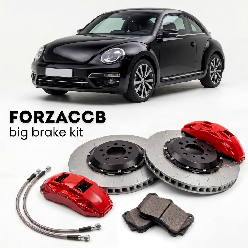 Black Volkswagen Beetle A5/5C (2011-2019) shown above a ForzaCCB iron rotor big brake kit with 2x red 6-piston front calipers, 2x two-piece floating ventilated brake discs 380 mm, set of brake pads, and brake lines.