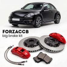 Black Volkswagen Beetle A5/5C (2011-2019) shown above a ForzaCCB iron rotor big brake kit with 2x red 6-piston front calipers, 2x two-piece floating ventilated brake discs 380 mm, set of brake pads, and brake lines.
