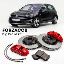Black Volkswagen e-Golf Mk7 5G (2014-2020) shown above a ForzaCCB iron rotor big brake kit with 2x red 6-piston front calipers, 2x two-piece floating ventilated brake discs 380 mm, set of brake pads, and brake lines.