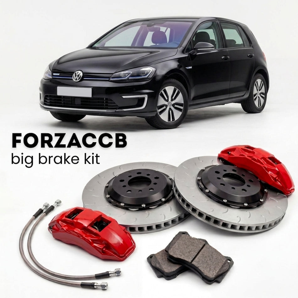 Black Volkswagen e-Golf Mk7 5G (2014-2020) shown above a ForzaCCB iron rotor big brake kit with 2x red 6-piston front calipers, 2x two-piece floating ventilated brake discs 380 mm, set of brake pads, and brake lines.