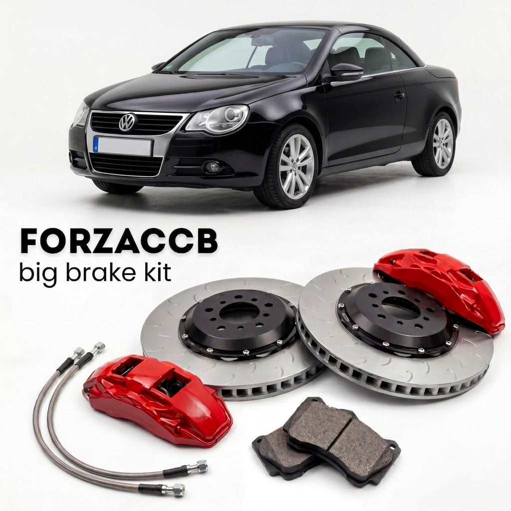 Black Volkswagen Eos Typ 1F (2006-2015) shown above a ForzaCCB iron rotor big brake kit with 2x red 6-piston front calipers, 2x two-piece floating ventilated brake discs 380 mm, set of brake pads, and brake lines.