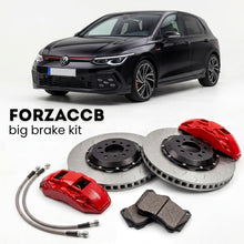 Black Volkswagen Golf GTI Mk8 CD1 (2020+) shown above a ForzaCCB iron rotor big brake kit with 2x red 6-piston front calipers, 2x two-piece floating ventilated brake discs 380 mm, set of brake pads, and brake lines.