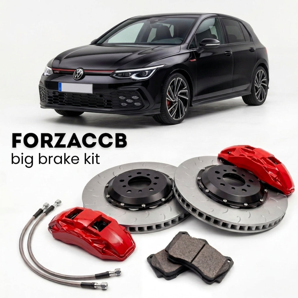 Black Volkswagen Golf GTI Mk8 CD1 (2020+) shown above a ForzaCCB iron rotor big brake kit with 2x red 6-piston front calipers, 2x two-piece floating ventilated brake discs 380 mm, set of brake pads, and brake lines.