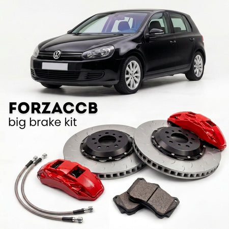 Black Volkswagen Golf Mk6 5K (2010-2012) shown above a ForzaCCB iron rotor big brake kit with 2x red 6-piston front calipers, 2x two-piece floating ventilated brake discs 380 mm, set of brake pads, and brake lines.