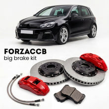 Black Volkswagen Golf R Mk6 5K (2010-2012) shown above a ForzaCCB iron rotor big brake kit with 2x red 6-piston front calipers, 2x two-piece floating ventilated brake discs 380 mm, set of brake pads, and brake lines.