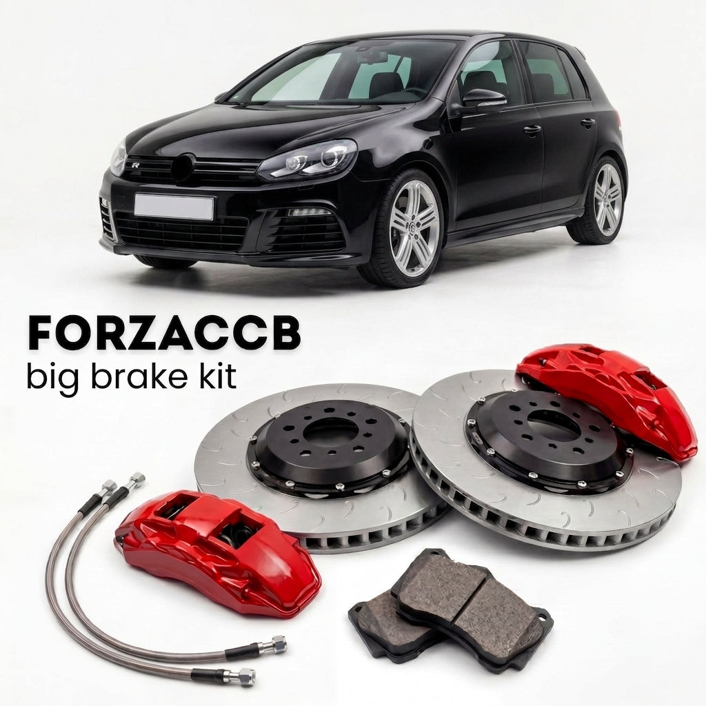 Black Volkswagen Golf R Mk6 5K (2010-2012) shown above a ForzaCCB iron rotor big brake kit with 2x red 6-piston front calipers, 2x two-piece floating ventilated brake discs 380 mm, set of brake pads, and brake lines.