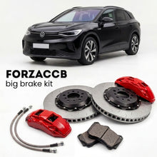 Black Volkswagen ID.4 E21 (2020+) shown above a ForzaCCB iron rotor big brake kit with 2x red 6-piston front calipers, 2x two-piece floating ventilated brake discs 380 mm, set of brake pads, and brake lines.