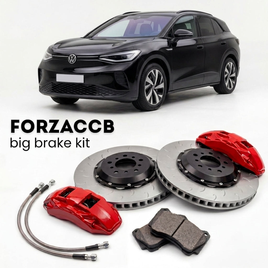 Black Volkswagen ID.4 E21 (2020+) shown above a ForzaCCB iron rotor big brake kit with 2x red 6-piston front calipers, 2x two-piece floating ventilated brake discs 380 mm, set of brake pads, and brake lines.