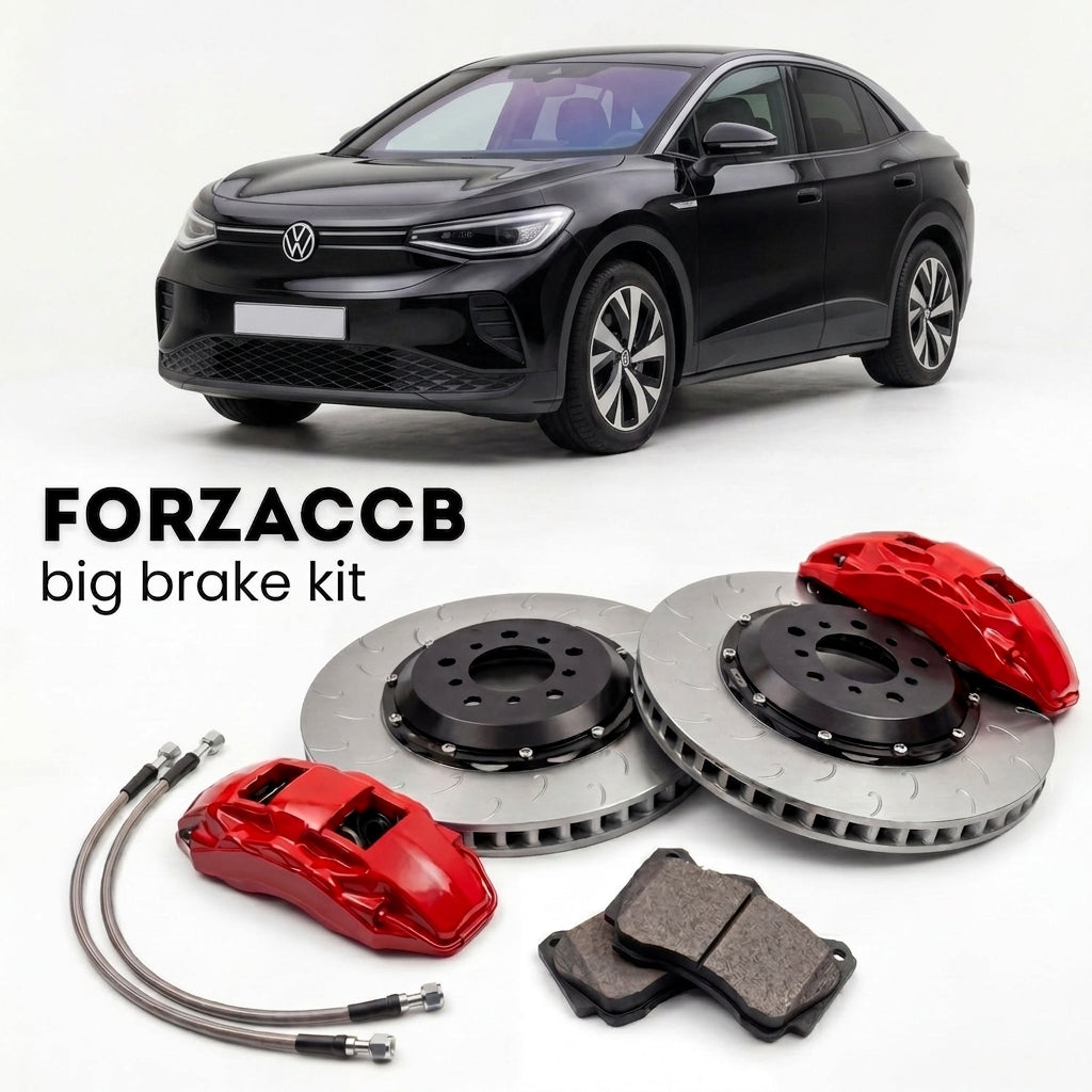 Black Volkswagen ID.5 E39 (2021+) shown above a ForzaCCB iron rotor big brake kit with 2x red 6-piston front calipers, 2x two-piece floating ventilated brake discs 380 mm, set of brake pads, and brake lines.