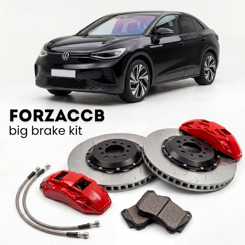 Black Volkswagen ID.5 GTX E39 (2021+) shown above a ForzaCCB iron rotor big brake kit with 2x red 6-piston front calipers, 2x two-piece floating ventilated brake discs 380 mm, set of brake pads, and brake lines.