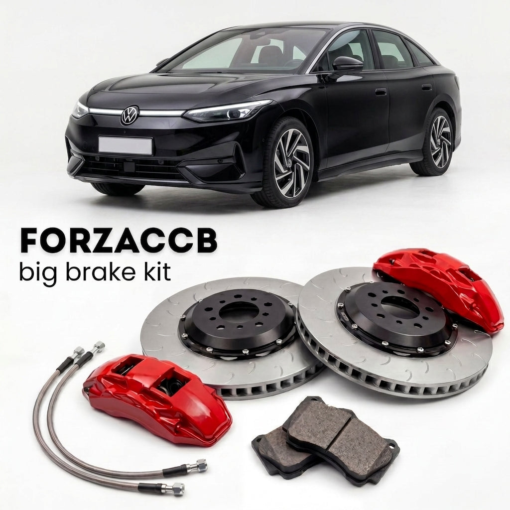 Black Volkswagen ID.7 ED (2023+) shown above a ForzaCCB iron rotor big brake kit with 2x red 6-piston front calipers, 2x two-piece floating ventilated brake discs 380 mm, set of brake pads, and brake lines.