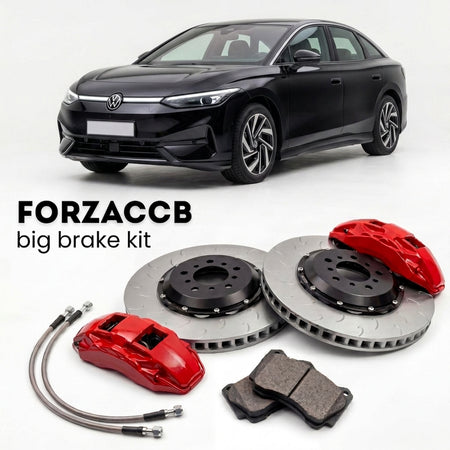 Black Volkswagen ID.7 ED (2023+) shown above a ForzaCCB iron rotor big brake kit with 2x red 6-piston front calipers, 2x two-piece floating ventilated brake discs 380 mm, set of brake pads, and brake lines.