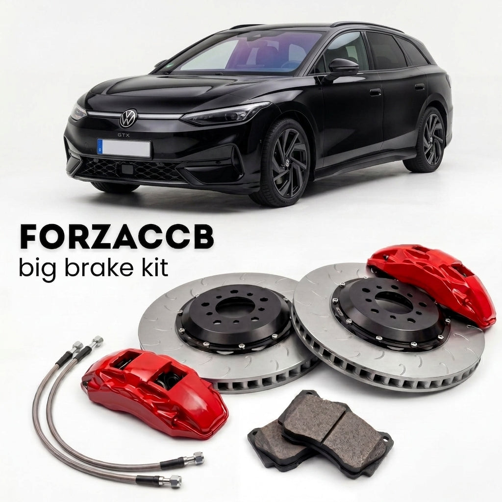 Black Volkswagen ID.7 GTX Tourer ED (2024+) shown above a ForzaCCB iron rotor big brake kit with 2x red 6-piston front calipers, 2x two-piece floating ventilated brake discs 380 mm, set of brake pads, and brake lines.