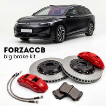 Black Volkswagen ID.7 Tourer ED (2024+) shown above a ForzaCCB iron rotor big brake kit with 2x red 6-piston front calipers, 2x two-piece floating ventilated brake discs 380 mm, set of brake pads, and brake lines.