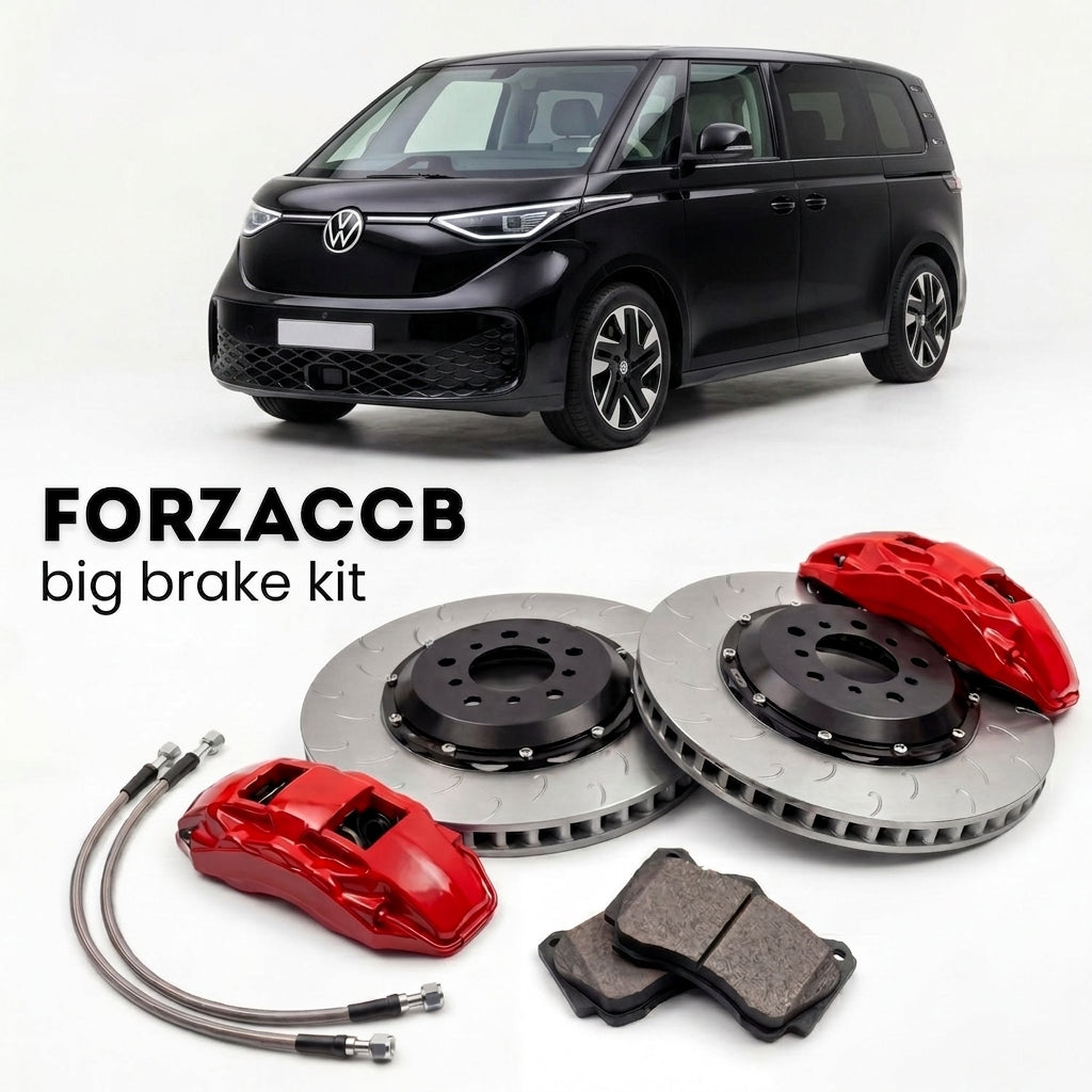 Black Volkswagen ID. Buzz EB (2022+) shown above a ForzaCCB iron rotor big brake kit with 2x red 6-piston front calipers, 2x two-piece floating ventilated brake discs 380 mm, set of brake pads, and brake lines.