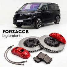Black Volkswagen ID. Buzz GTX EB (2024+) shown above a ForzaCCB iron rotor big brake kit with 2x red 6-piston front calipers, 2x two-piece floating ventilated brake discs 380 mm, set of brake pads, and brake lines.