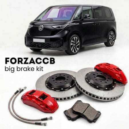 Black Volkswagen ID. Buzz GTX EB (2024+) shown above a ForzaCCB iron rotor big brake kit with 2x red 6-piston front calipers, 2x two-piece floating ventilated brake discs 380 mm, set of brake pads, and brake lines.