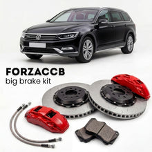 Black Volkswagen Passat Alltrack B8 3G (2015-2023) shown above a ForzaCCB iron rotor big brake kit with 2x red 6-piston front calipers, 2x two-piece floating ventilated brake discs 380 mm, set of brake pads, and brake lines.