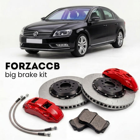 Black Volkswagen Passat B7 3C (2010-2014) shown above a ForzaCCB iron rotor big brake kit with 2x red 6-piston front calipers, 2x two-piece floating ventilated brake discs 380 mm, set of brake pads, and brake lines.
