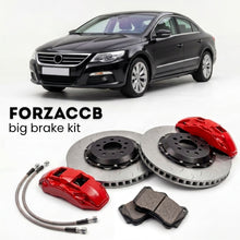 Black Volkswagen Passat CC 3C (2010-2012) shown above a ForzaCCB iron rotor big brake kit with 2x red 6-piston front calipers, 2x two-piece floating ventilated brake discs 380 mm, set of brake pads, and brake lines.