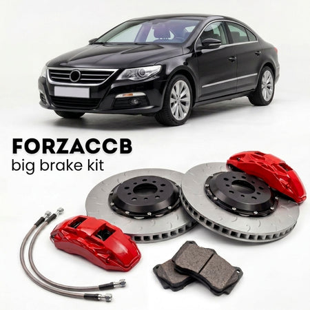Black Volkswagen Passat CC 3C (2010-2012) shown above a ForzaCCB iron rotor big brake kit with 2x red 6-piston front calipers, 2x two-piece floating ventilated brake discs 380 mm, set of brake pads, and brake lines.