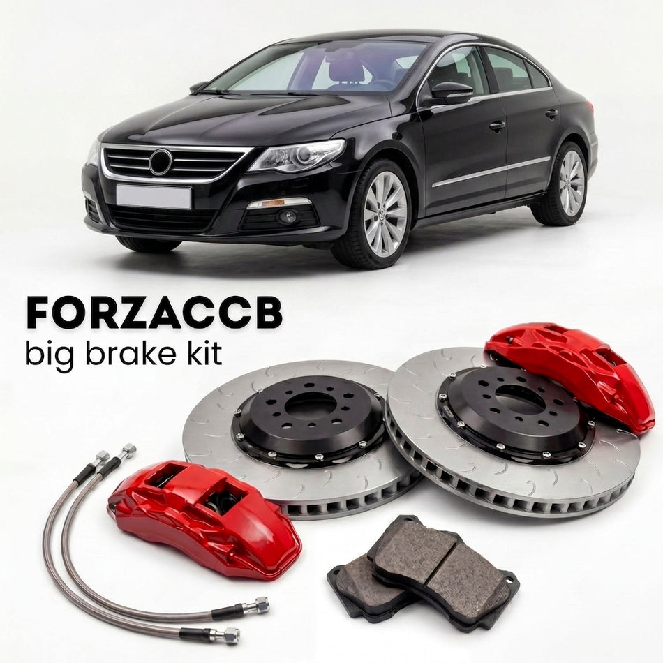 Black Volkswagen Passat CC 3C (2010-2012) shown above a ForzaCCB iron rotor big brake kit with 2x red 6-piston front calipers, 2x two-piece floating ventilated brake discs 380 mm, set of brake pads, and brake lines.