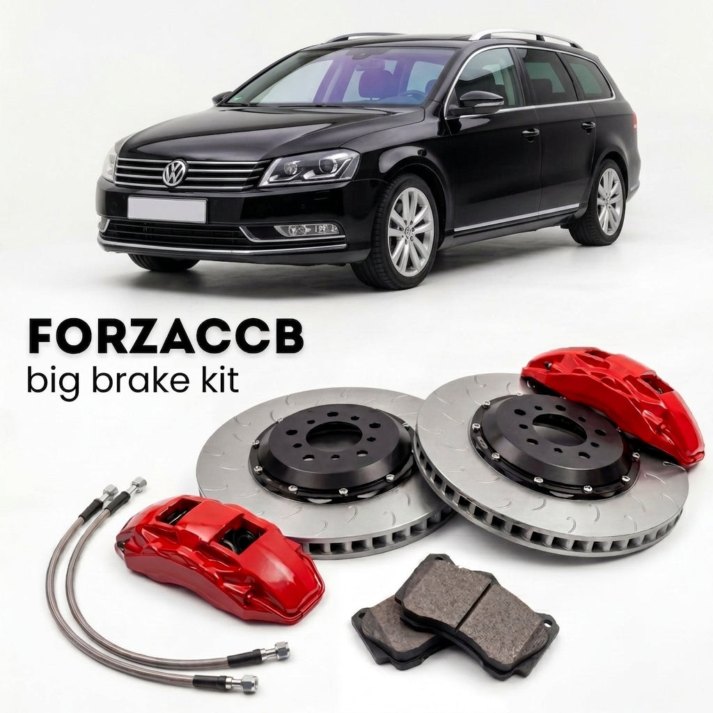 Black Volkswagen Passat Variant B7 3C (2010-2014) shown above a ForzaCCB iron rotor big brake kit with 2x red 6-piston front calipers, 2x two-piece floating ventilated brake discs 380 mm, set of brake pads, and brake lines.