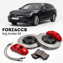 Black Volkswagen Passat Variant B9 3J (2023+) shown above a ForzaCCB iron rotor big brake kit with 2x red 6-piston front calipers, 2x two-piece floating ventilated brake discs 380 mm, set of brake pads, and brake lines.