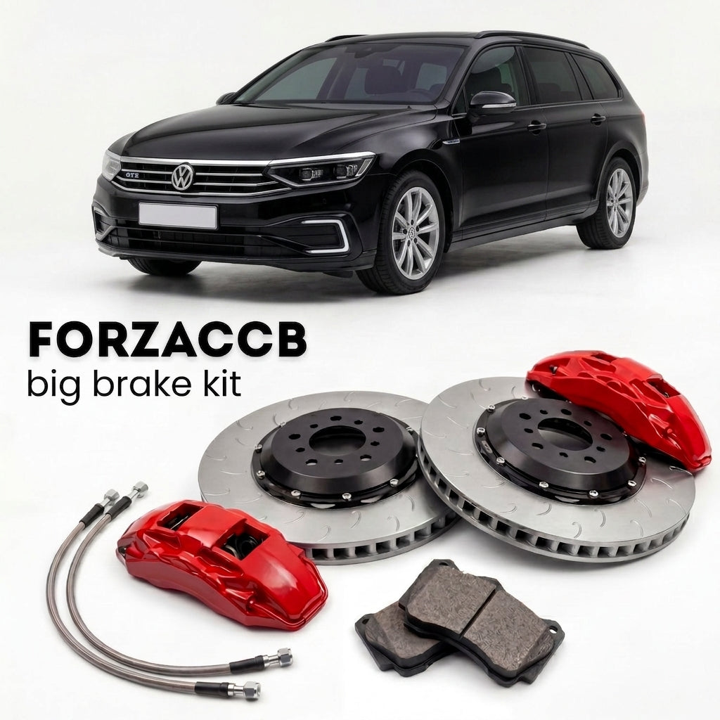 Black Volkswagen Passat Variant GTE B8 3G (2015-2023) shown above a ForzaCCB iron rotor big brake kit with 2x red 6-piston front calipers, 2x two-piece floating ventilated brake discs 380 mm, set of brake pads, and brake lines.